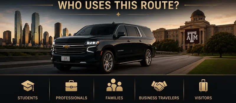 Chevrolet Suburban luxury transportation between Houston and College Station featuring Texas A&M campus backdrop, designed for students, professionals, families, business travelers, and visitors using private intercity travel.